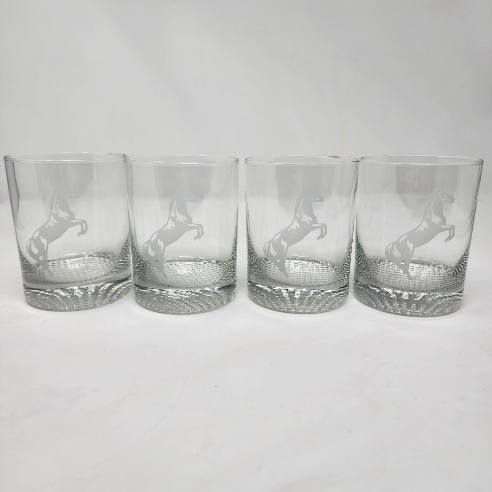 Etched Glass Stallion Horse Lowball Set Of 4 - Picture 3 of 8